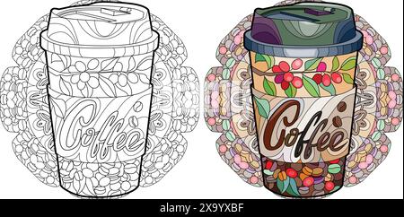Tasse Kaffee mit abstrakten Ornamenten auf Mandala zum Färben. Handgezeichnete Illustration für T-Shirt-Dekoration. Farbe und Kontur festgelegt. Stock Vektor