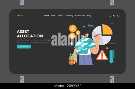 Anlagenzuordnungskonzept. Ein fokussierter Profi markiert Abschnitte auf einem Tortendiagramm, um Anlagebereiche mit Warnmeldung für einen Abschwung des Marktes zu strategisch zu gestalten. Strategische Finanzplanung visualisiert. Flacher Vektor Stock Vektor