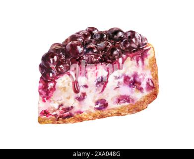Handgemalte Aquarellillustration eines köstlichen Blaubeer-Käsekuchen, perfekt für Verpackungen, Menüs oder Karten. Isoliert auf einem strahlend weißen Hintergrund Stockfoto