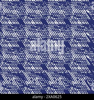 Indigoblau Stickeffekt abstrakter Vektor nahtloser Muster Hintergrund. Modernes maskulines Grafikdesign für den Trend der Handarbeit mit Blockmuster. Stock Vektor