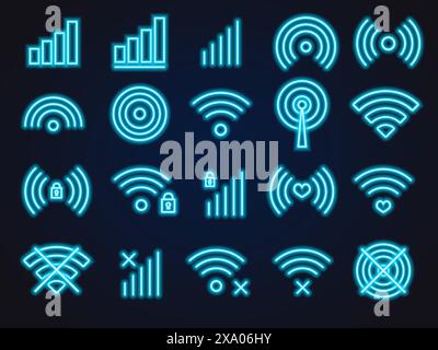 Großer Satz von wlan-Signal, Verbindung, Handy-Signal, blauer Neon Stock Vektor