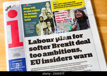 3. Juni 2024. Die Schlagzeile in der Zeitung i lautet: Labour Plan for softer Brexit Deal is too ambitioniert, warnen EU-Insider. Stockfoto