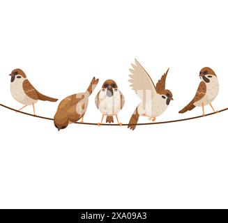 Spatzen Gruppe von Vögeln sitzende und fliegende Vektor-Cartoon-Spatzen Stock Vektor