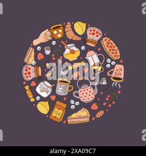 Teekreis runde Form mit Teetassen Zitronenzucker Kuchen Marmeladen Vektor-Konzept Illustration Stock Vektor
