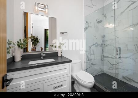 Eine weiße Toilette, eine Duschkabine und eine Badewanne im Badezimmer Stockfoto