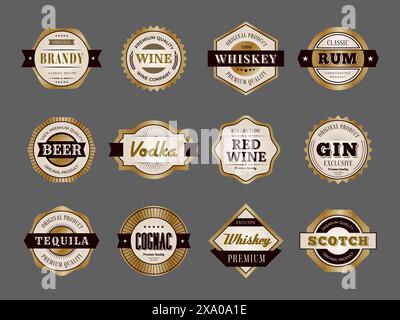 Alkoholabzeichen. Heiße Premium Getränke Produktion dekorative Etiketten Whiskey Rum neue Vektor Vorlagen Set Stock Vektor