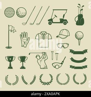 Golfwerkzeuge. Sportelemente Set Stabbälle Kappen und Errungenschaften der neuesten Vektor-Golf-Wettkampfkollektion Stock Vektor