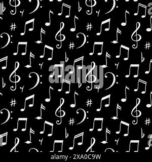 Nahtloses Muster von Musiknoten. Aquarell handgezeichnete Illustration auf schwarzem Hintergrund. Für Stoffe, Textilien, Tapeten zum Thema Musik, roc Stockfoto