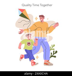 Illustration der Qualität der gemeinsamen Zeit. Vater und Sohn teilen einen verspielten Moment mit einem farbenfrohen Drachen, der die Freuden des Familienlebens verkörpert. Vektorabbildung. Stock Vektor