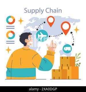 Vertikale Integration. Optimierung und Kontrolle der Lieferkette des Unternehmens. Geschäftsstrategie von der Fertigung bis zum Vertrieb. Optimierte Produktionsabläufe, Effektivität und Qualität. Illustration des flachen Vektors Stock Vektor
