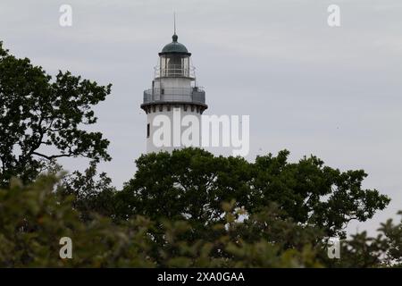 Ein Leuchtturm steht unter üppigen Bäumen unter einem bewölkten Himmel Stockfoto