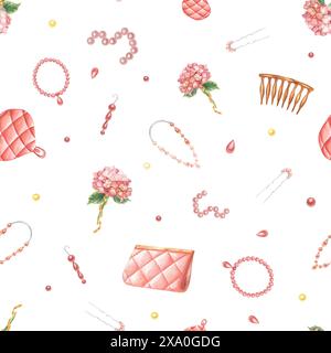 Clutch, Halskette, Vintage Haarnadeln mit Perlen und Hortensie Blume. Damenaccessoires mit Blumen. Nahtloses Muster von Bijouterie. Stockfoto