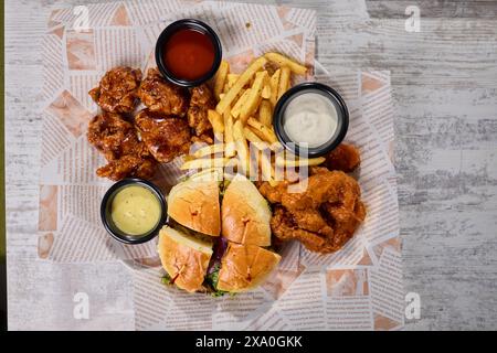 Ein Teller mit Flügeln, Pommes und Dipsv Stockfoto