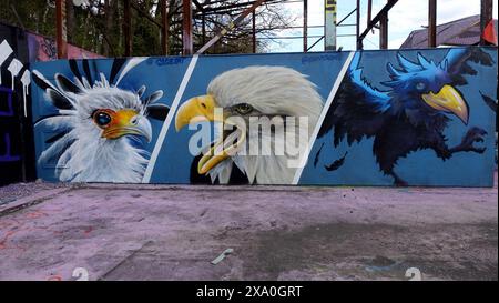 Stockholm, Snosatra, Schweden. Mai 2024. Frühjahrsbiest. Graffiti-Ausstellung am Stadtrand. Vögel. Stockfoto