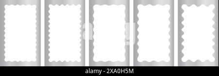 Set aus silbernen rechteckigen Rahmen mit welligen inneren Rändern. Metallos Spiegel, Foto- oder Bilderrahmen. Luxuriöse rechteckige Boxen, Etiketten oder Etiketten isoliert auf weißem Hintergrund. Vektorabbildung. Stock Vektor