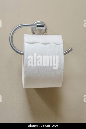 Vertikale Aufnahme einer neuen Rolle Toilettenpapier auf dem Toilettenpapierhalter an der Badezimmerwand. Stockfoto