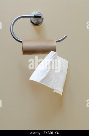 Vertikale Aufnahme einer fast leeren Toilettenpapierrolle, die am Toilettenpapierhalter an der Badezimmerwand hängt. Stockfoto