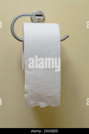 Vertikale Aufnahme einer vollen Rolle Toilettenpapier auf dem Toilettenpapierhalter an der Badezimmerwand. Stockfoto