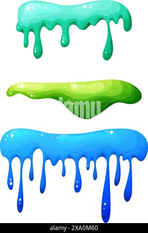 Farbenfroher tropfender Schleim im Zeichentrick. Schleimspritzer und Flüssigkeitstropfen. Giftiges Spritzen, klebriges schleimiges Element. Vektorillustration isoliert auf weiß Stock Vektor
