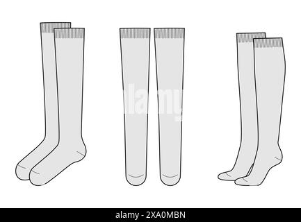Kniestrümpfe. Mode Strumpfwaren Accessoire Kleidung technische Illustration Strumpf. Vektor-Vorderseite, Seitenansicht für Männer, Frauen, flache Vorlage CAD-Modell Skizze Umriss isoliert auf weißem Hintergrund Stock Vektor