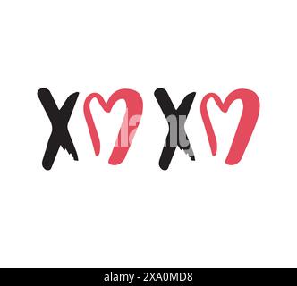 Vektor handgezeichnet Kritzelskizze Xoxo-Schriftzug mit isoliertem Herzen auf weißem Hintergrund Stock Vektor