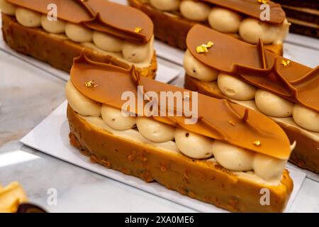 Portion französischer Mille-Feuille-Kuchen, Vanille- oder Vanillescheibe, Napoleon-Blätterteig, in der Bäckerei mit Gebäckcreme überzogen Stockfoto