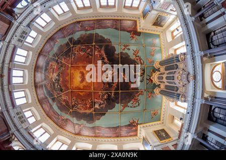 Das Orgel- und Deckenfresko im Sheldonian Theater. Oxford. England Stockfoto