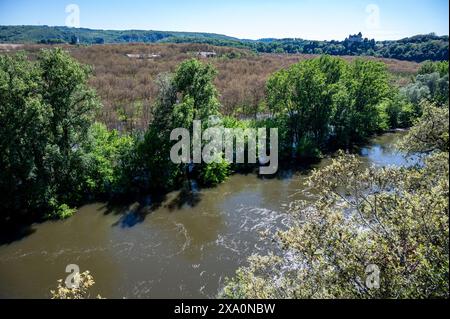 Fahrt entlang des Flusses Dordogne in der Nähe des Dorfes La Roque-Gageac im Département Dordogne im Südwesten Frankreichs im Frühjahr Stockfoto