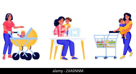 Mutter, Kinder und Baby Set isoliert auf weißem Hintergrund. Illustration von Vektor-Zeichentrickfiguren. Frauen gehen einkaufen, arbeiten zu Hause auf dem Laptop und wal Stock Vektor