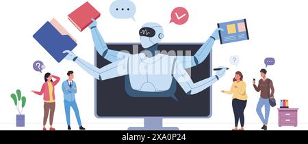 KI-Assistent des Kunden. Assistive Technologie künstliche Intelligenz, automatisierter E-Commerce-Consulting-Service Chatbot Antwort faq Abfrage Unterstützung Roboter Digital Learn Vektor Illustration Stock Vektor