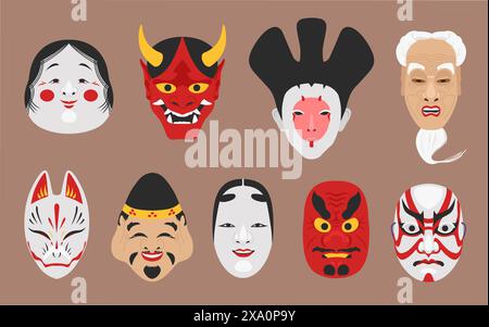 Kabuki-Masken. Japanische mittelalterliche noh theatralische Maske Dämonengesicht, asiatisches traditionelles japan Festival, alte Dämonen Gott Ooni Tengu Okame hanya, geniale Vektor-Illustration der japanischen Kabuki Maske Stock Vektor