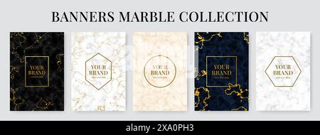 Eleganter Hintergrund. Marmorbanner. Weiße und silberne Steinstruktur. Dunkle Rahmen mit Goldfolie. Marmorierungsmuster. Beauty- oder Modeveranstaltung. Minimale Linie Stock Vektor