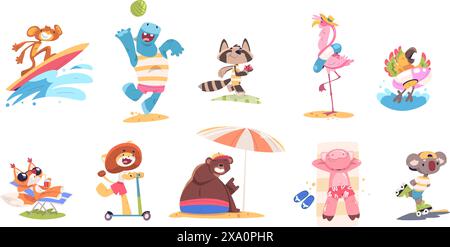 Zeichentricktiere im Sommer ruhen. Lustiges niedliches Tier in Reisen Strandurlaub, Wildtiere Surfen Meeresaktivität Baby Zoo Maskottchen Bär Affen Schwein Flamingo, Vektor-Illustration von Koala und Nilpferd Stock Vektor
