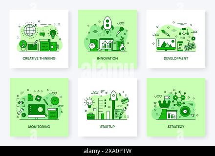 Business-Services. Webdesign. Flacher kreativer Lernprozess. Intelligente flache Infografik für Computertechnologie. Projektstartstrategie. Arbeitsinnovationen. Stock Vektor