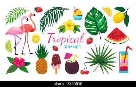 Strandparty-Elemente. Sommerreiseurlaub. Tropische Palmblätter. Kokos-Cocktailglas. Exotische Blumen. Flamingovögel. Hawaiianische oder karibische Früchte Stock Vektor