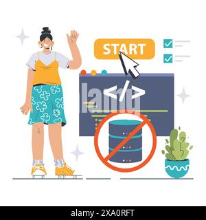 Serverloses Computing-Konzept. Eine Abbildung zeigt einen Entwickler, der Cloud-basierte Vorgänge ohne herkömmliche Servereinschränkungen beginnt. Optimierter Codierungsprozess in der modernen Entwicklung. Flacher Vektor Stock Vektor