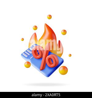 3D-Prozent-Zeichen-in-Coupon und Symbol für Feuerflamme Stock Vektor