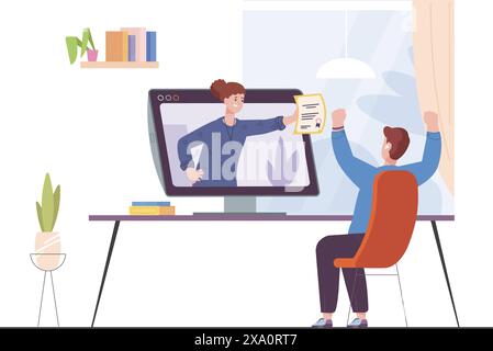 Diplom-Fernausbildung. Glücklicher Mann erhielt Diplom digitales Zertifikat von Online-Schullehrer auf Computer Bildschirm, Business Web Kurs elearning Schüler Vektor Illustration der Bildung online Stock Vektor