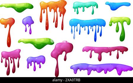 Farbenfroher tropfender Schleim im Zeichentrick. Schleimspritzer und Flüssigkeitstropfen. Giftiges Spritzen, klebriges schleimiges Element. Vektorillustration isoliert auf weiß Stock Vektor