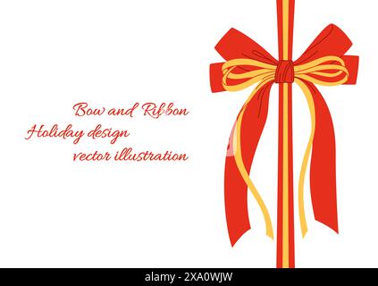 Geschenkkarten-Designvorlage mit Band. Banner mit rotem Satin-Schleifenband in Zeichentrick. Frohe Weihnachtsgrüße. Luxuriöse Einladung zum Jubiläum oder Rabattgutschein Hintergrund. Vektorabbildung Stock Vektor