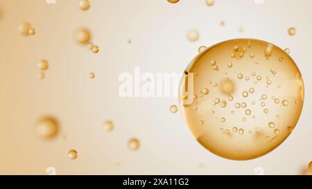 Makro aus transparentem Tropfen beiger Flüssigkeit mit Blasen im Inneren auf beigefarbenem Hintergrund. Hautpflegeserumtröpfchen. Cosmetics Moisturizer Fluid Concept. 3D Stockfoto