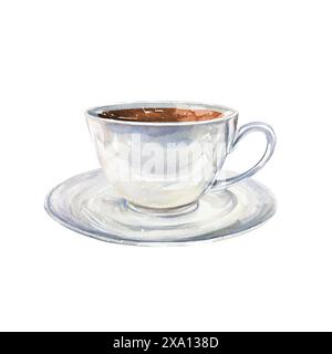 Tasse mit Kaffee, Untertasse. Handgezeichnete Aquarellillustration von Küchenutensilien isoliert auf weißem Hintergrund. Für Karten, Einladungen, Banner, Poster, Koffern Stockfoto