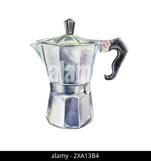 Geysir-Kaffeemaschine. Handgezeichnete Aquarellillustration isoliert auf weißem Hintergrund. Für Karten, Einladungen, Café-Menüs, Bäckereien, Banner, Poster. Stockfoto