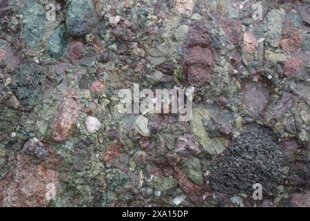 Ein großer Felsen umgeben von grünen Felsen mit einem schwarzen Skateboard oben Stockfoto