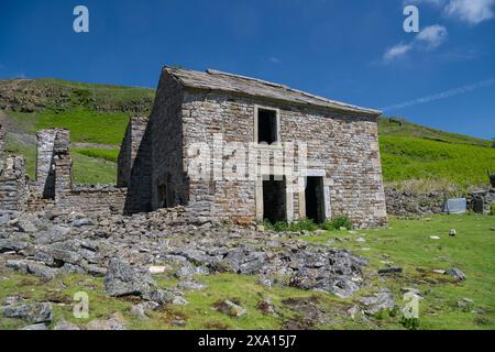 Ruinen von Crackpot Hall, einem abgelegenen Bauernhof auf Moorland, mit Blick auf Muker in der Kisdon-Schlucht. Sie wurde 1953 aufgrund von Subventionen aufgegeben Stockfoto