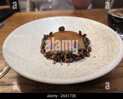 Ein Dessert auf Schokoladenbasis von einem Verkostungsmenü in einem feinen Restaurant. Stockfoto
