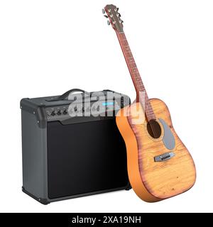 Akustikgitarre mit Instrumentenverstärker, 3D-Rendering isoliert auf weißem Hintergrund Stockfoto