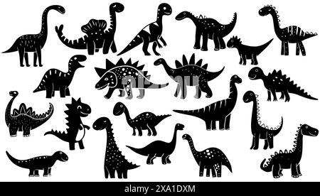 Vektor-Illustration schwarz-weiß handgezeichneter kindlicher Set Dinosaurier. Zeichentrick-Tierdesign-Kollektion Reptilienskizze und Dino-Charakter. Kontur ausschneiden Stock Vektor
