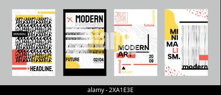 Satz von Deckschablonen mit nahtlosem Muster. Moderne, minimalistische Grunge-Karten mit schwarzer Holzkohlestift-Kreuzschraffur, kratzenden Texturen mit Streifen, Wellen und Kritzeleien. Handgezeichnete Hintergründe mit Kreide. Stock Vektor