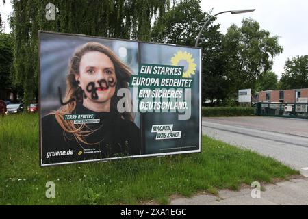 Ein Wahlplakat der Grünen mit dem Konterfei von Theresa Terry Reintke, Mitglied des Europäischen Parlaments und Co-Vorsitzende der Grünen/EFA-Fraktion, steht an der Saarlandstraße. Unbekannte haben auf ihr Gesicht den Schriftzug Lügner gesprüht. Barmbek Hamburg *** Auf der Saarlandstraße steht Ein Wahlplakat der Grünen Partei nach dem Vorbild von Theresa Terry Reintke, Europaabgeordneter und Ko-Vorsitzende der Grünen-EFA-Fraktion, Unbekannte haben ihr die Worte Lügner ins Gesicht gesprüht Barmbek Hamburg Stockfoto